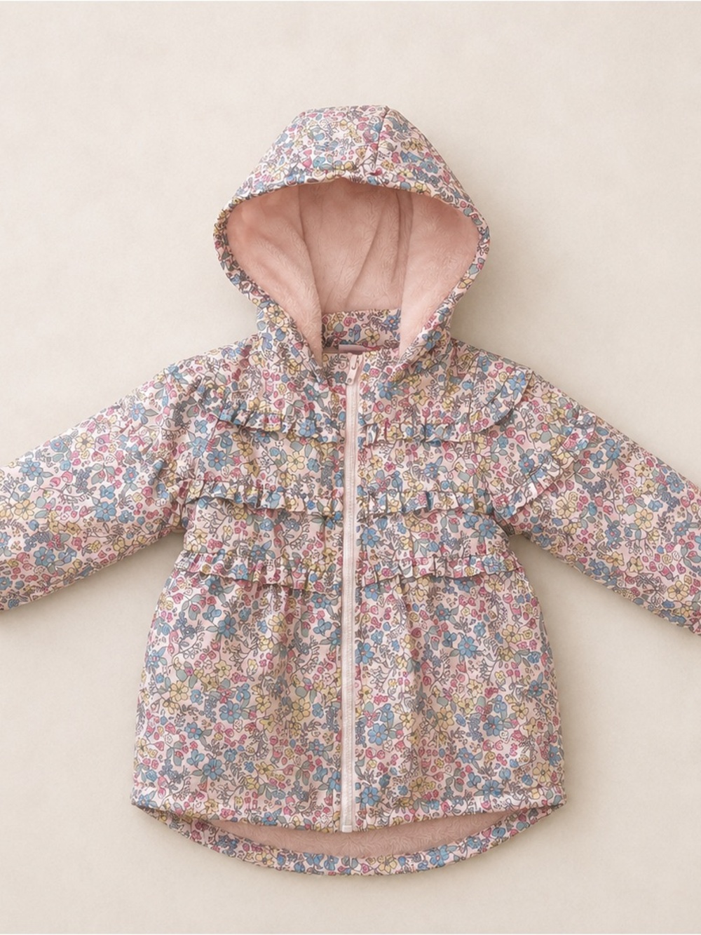 Penelope Mack Pink Floral Hooded Jacket / Floral Spring Lined Jacket with ruffle